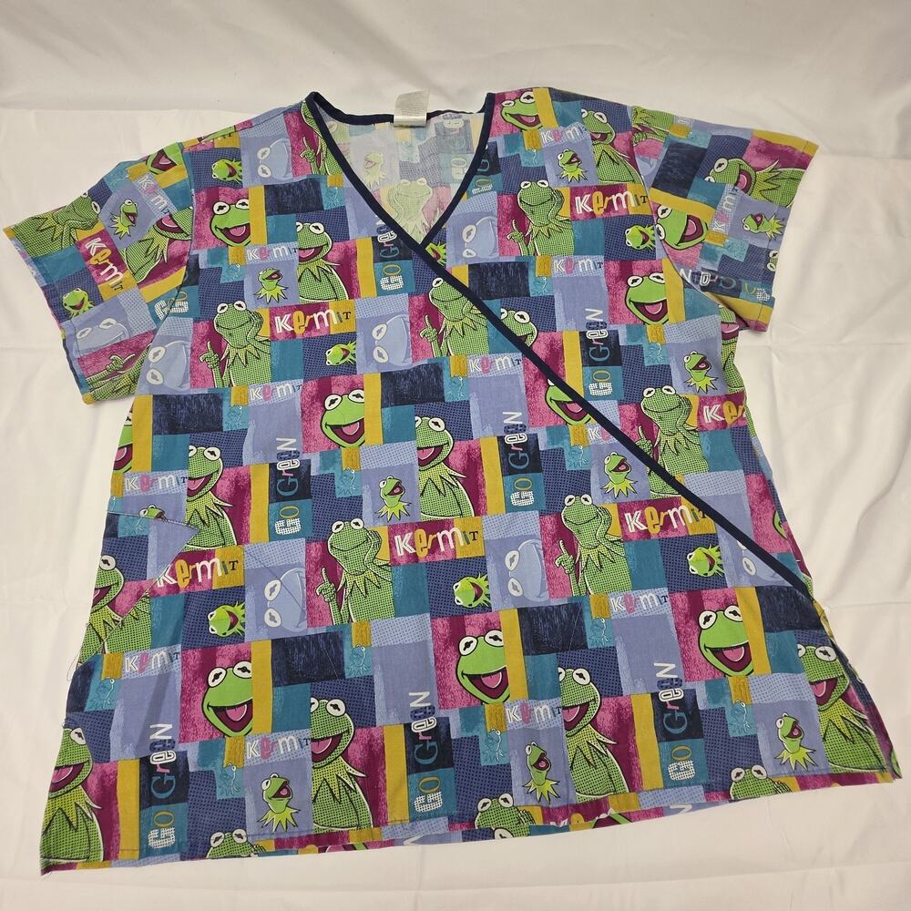 Disney Kermit The Frog Scrub Top Womens Large 100% Cotton Nurse Medical Uniform